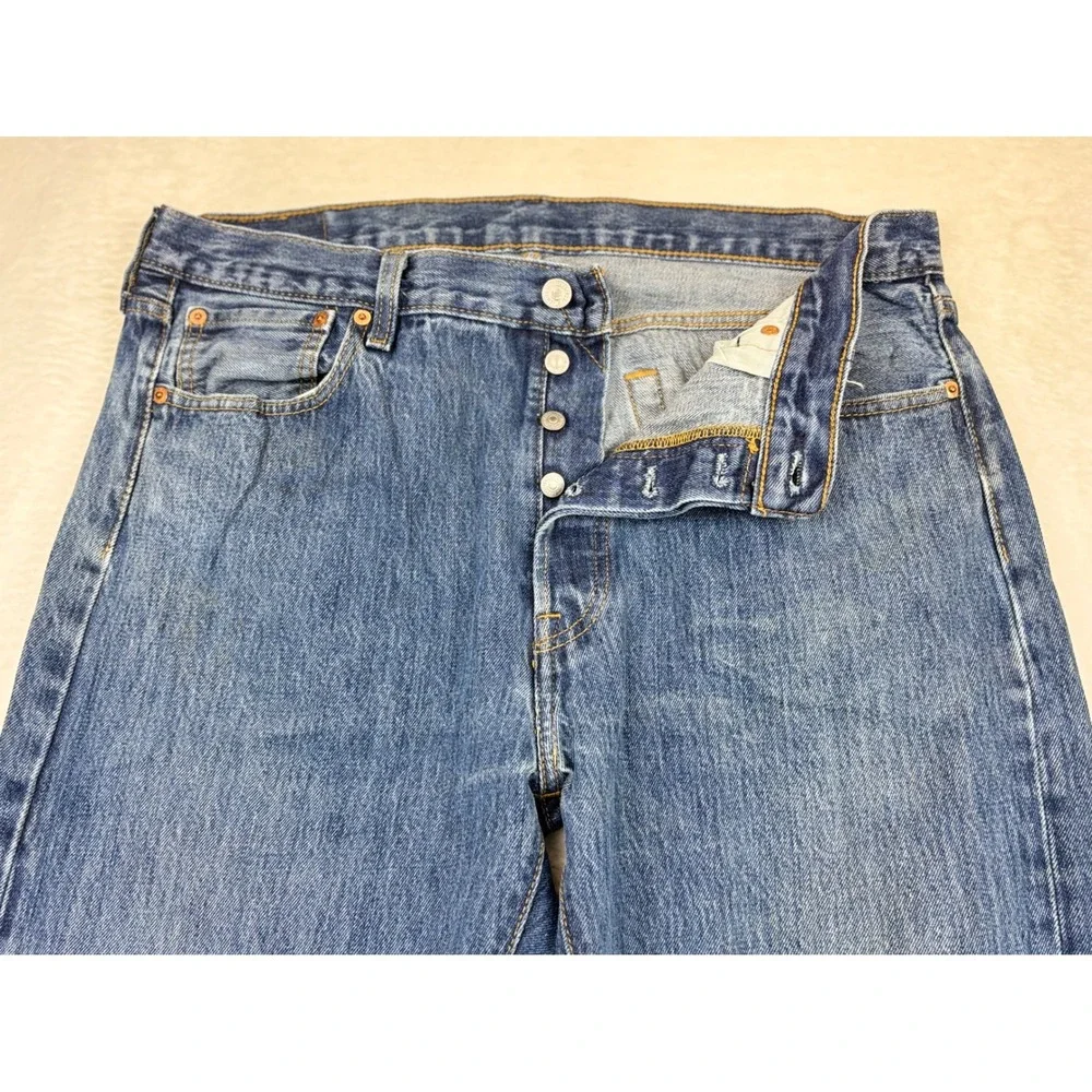 Levis 501 Mens Jeans 36x30 Clean Distressed Festival faded Indigo Blue Denim